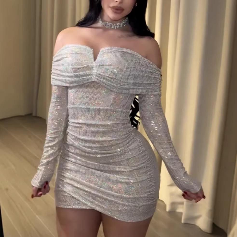Mermaid One-Shoulder V-Neck Silver Sequin Bodycon Dress S белый