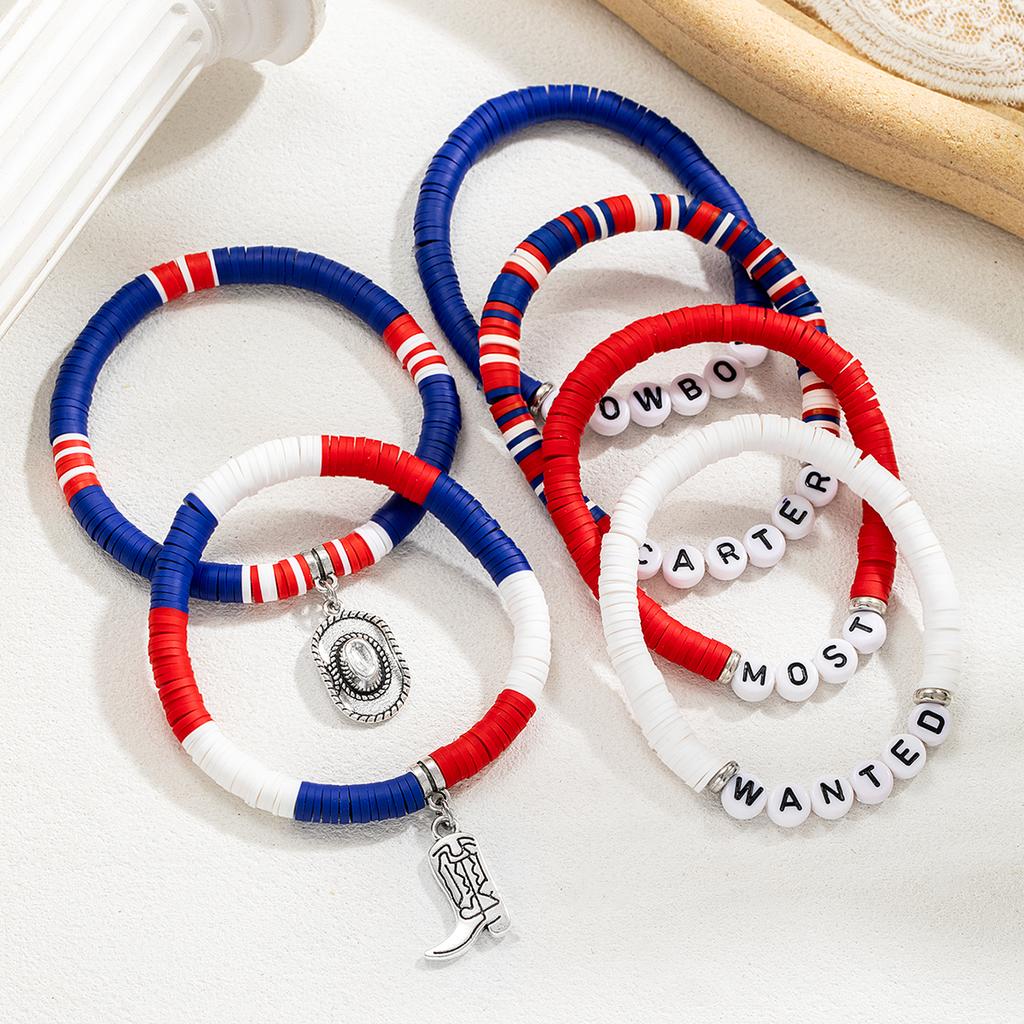 6 pieces of Independence Day color matching soft ceramic bracelet, multi-layer stacked Western style cowboy hat boots bracelet