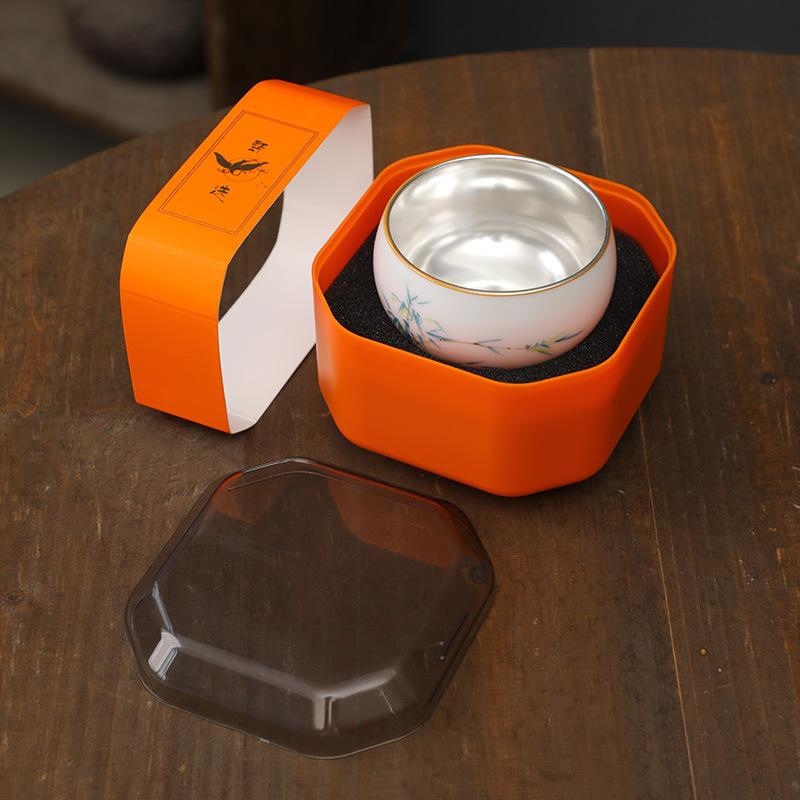 999 Pure Silver Master White Porcelain Hand-painted Underglaze Color Gold-plated Single Cup Kung Fu Tea S