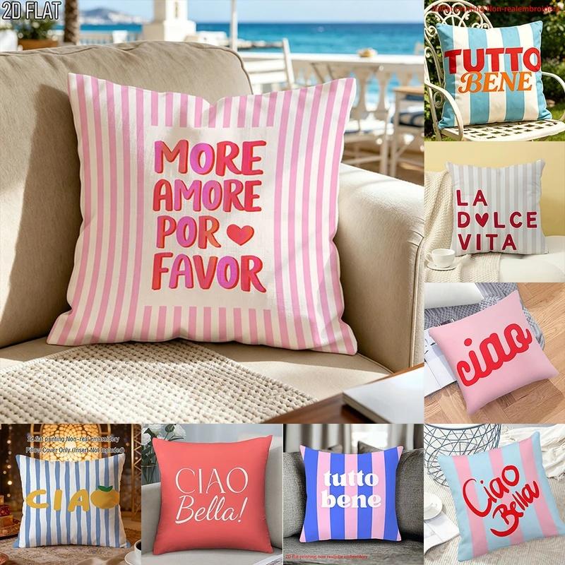 2D-Flat decorative cushion covers with striped design and various Italian quotes for sofa and chair.