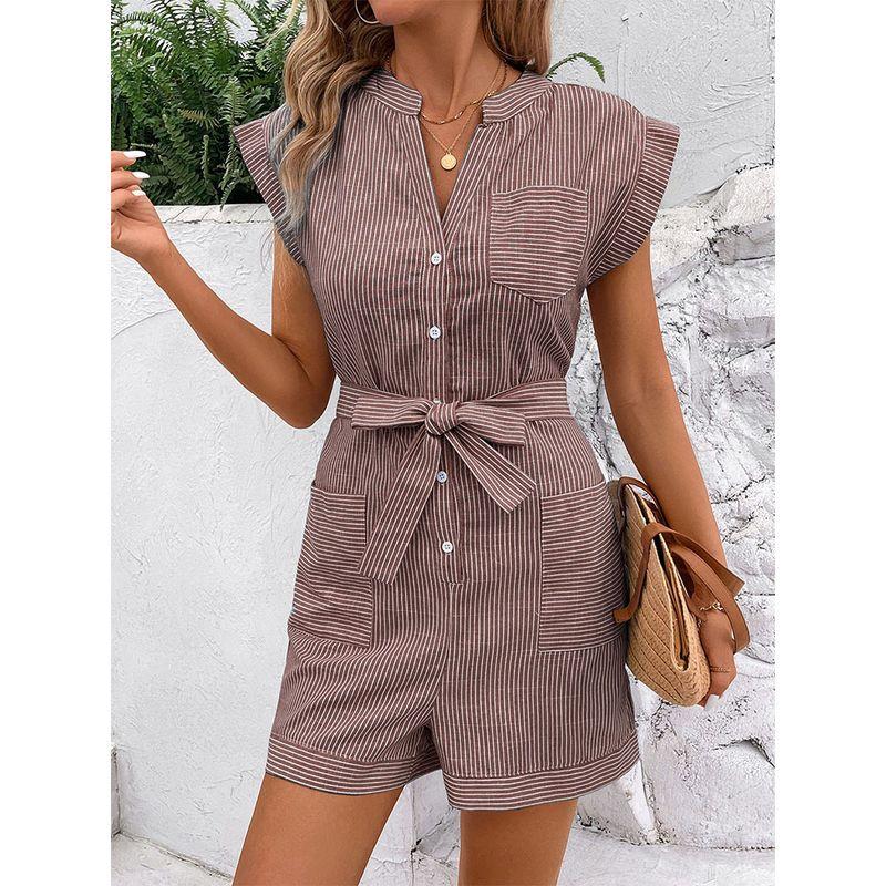European and American Summer V-neck Single-Breasted Stripe Pocket Age-Reducing Casual Temperament Short Sleeve Jumpsuit Shorts Jumpsuits
