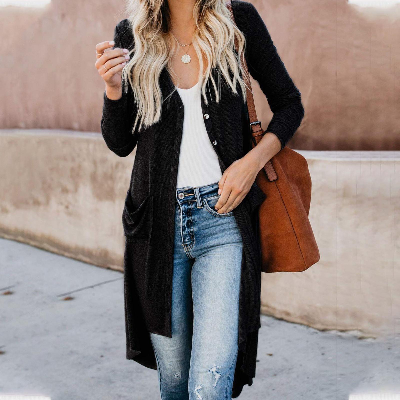 

Женские кардиганы с длинным рукавом, однотонные, на пуговицах, вязаные в рубчик, верхняя одежда L чёрный