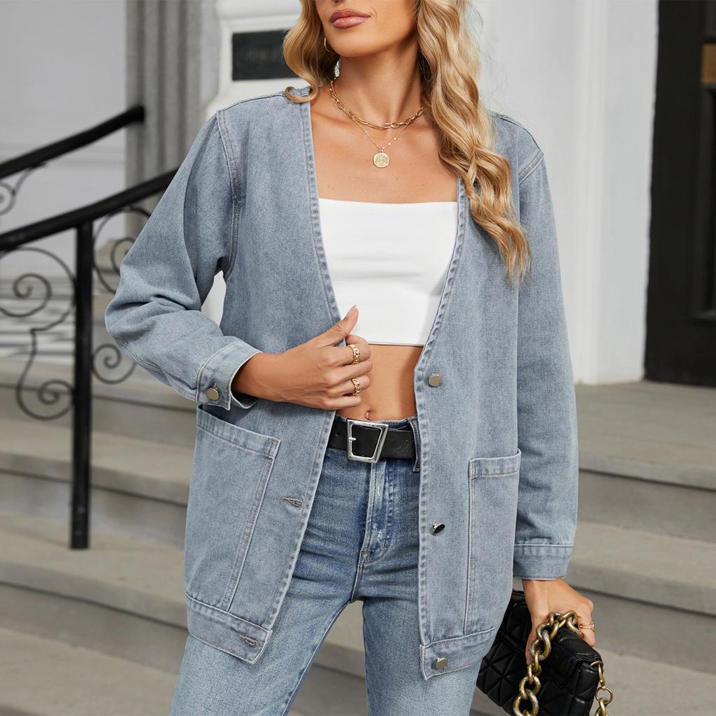 Women's Fashionable Versatile Classic Retro Solid Color V Neckl Long Sleeved Pocket Loose Denim Jacket