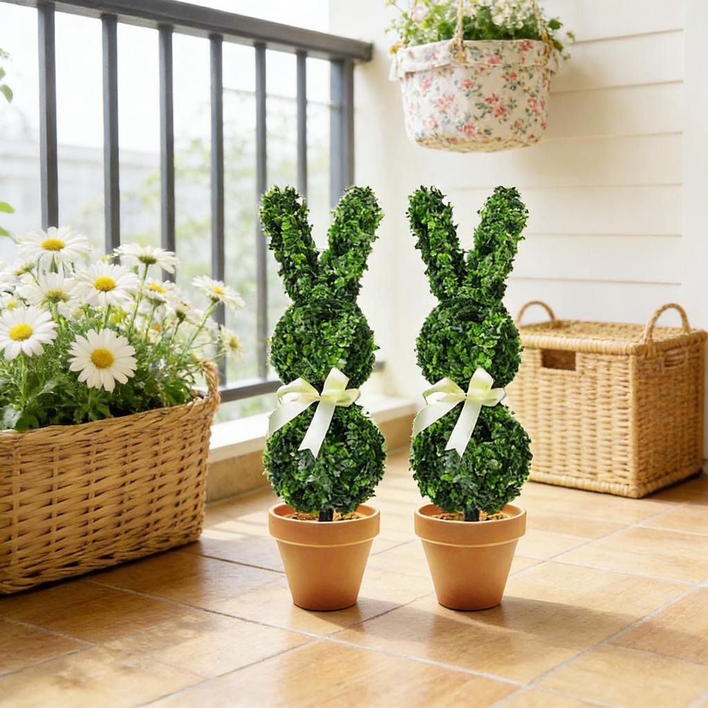 Artificial Bunny Topiary Stake for Garden Yard Lawn Easter Decor with Ribbon Bow Easter Decor for Indoor Outdoor Easter Decor