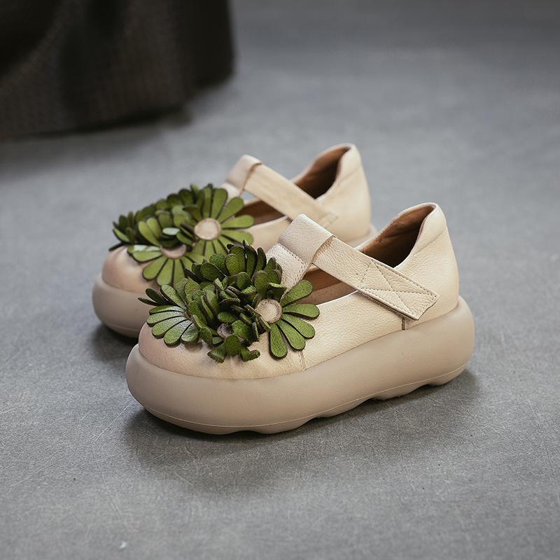 Johnature Ethnic Style Flower Thick Soled Sandals Genuine Leather Versatile Women's Platform Shoes