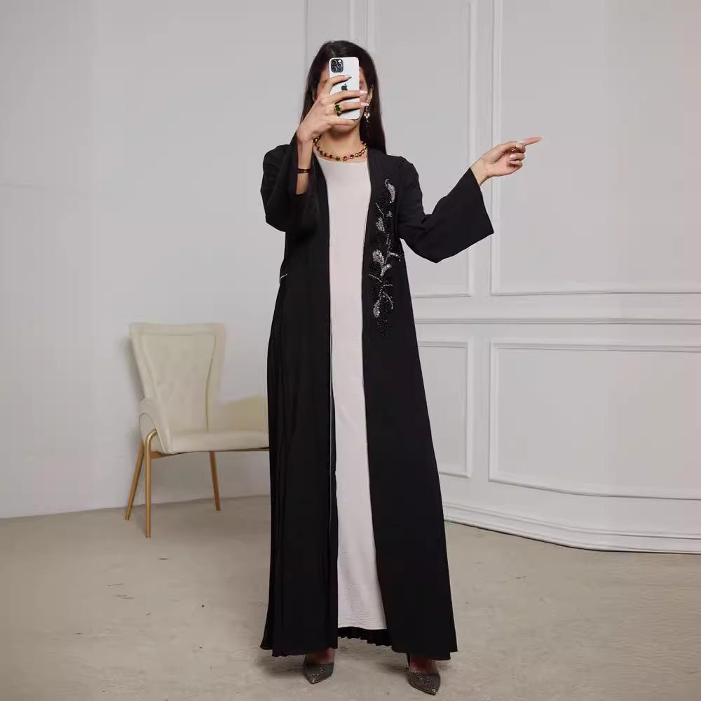 2024 Elegant Handmade Beaded Middle Eastern Muslim Pleated Cardigan Dress