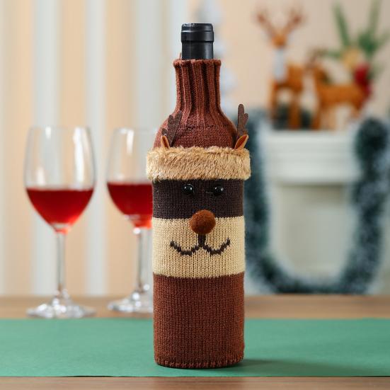 Christmas Wine Sweater Cover Handmade Knitted Cartoon Santa Snowman Reindeer Bottle Sleeve for Winter Dining Table Decoration