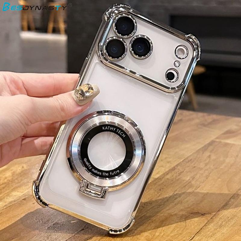 Luxury Plating Shockproof Magnetic Holder Case For iPhone 17 Air 15 16 11 12 13 14 Pro Max Plus For Magsafe With Stand Cover