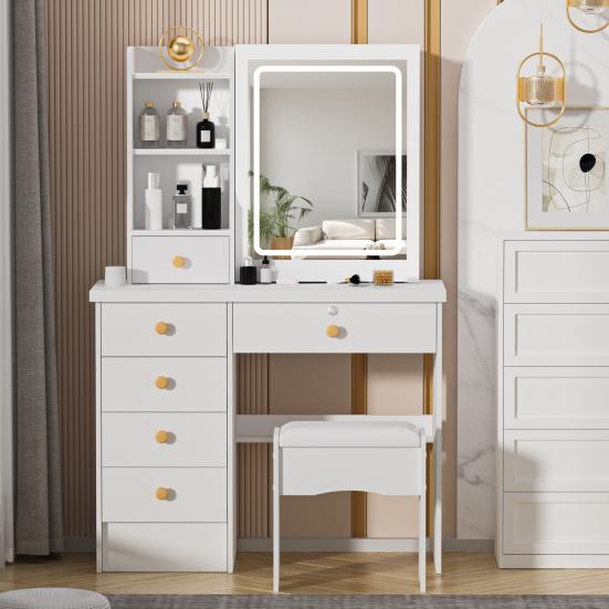 Schminktisch mit einstellbarer 3-Farben-Helligkeitsanpassung, verschiebbarem beleuchtetem Spiegel, Frisiertisch-Set mit 6 Schubladen und mehreren versteckten Ablageregalen