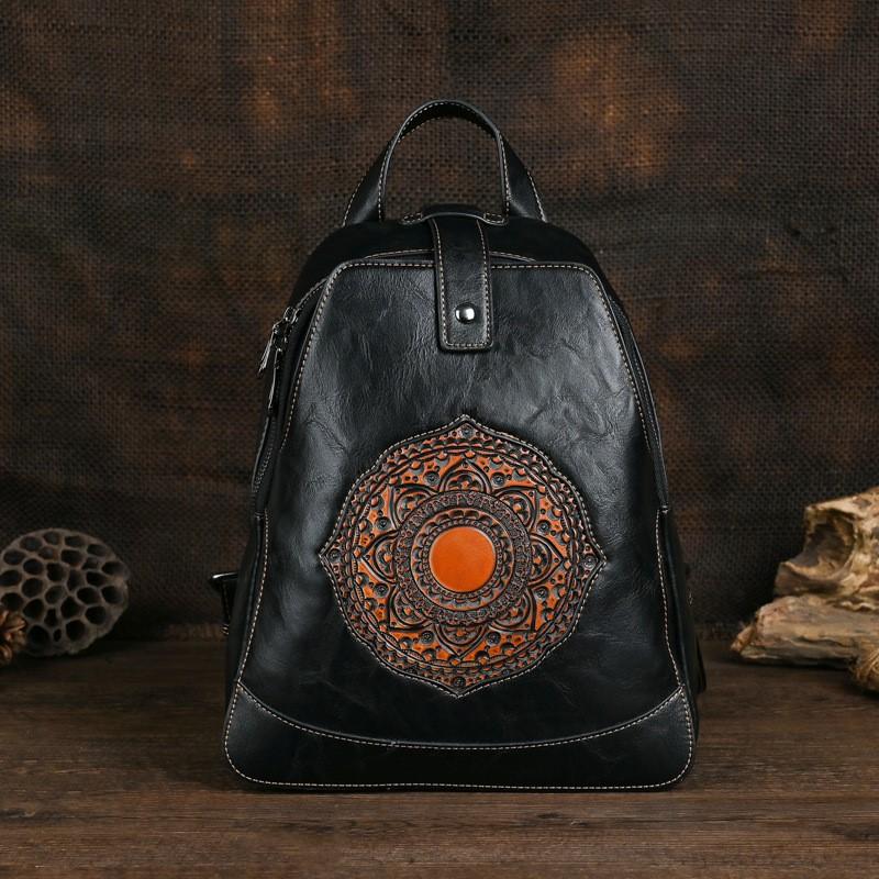 Johnature Vintage Totem Geprägter Rucksack, vielseitige Damen-Ledertasche, einfarbig, große Kapazität, Reiserucksäcke
