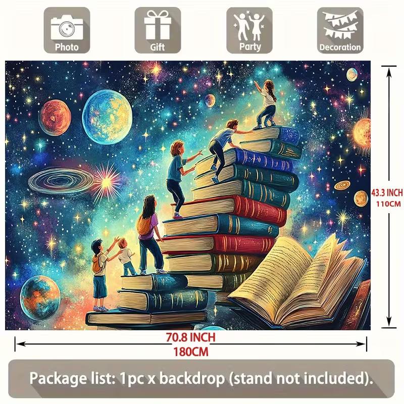 2D Kids Book Galaxy Backdrop Banner - Magical Reading Space Photo Background