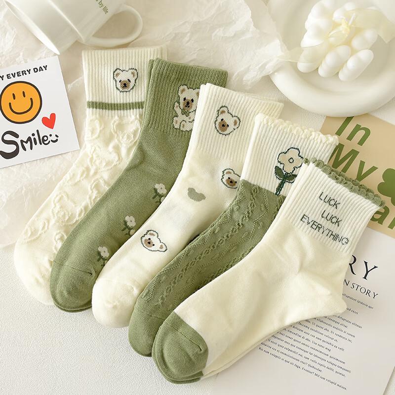 Women s Cartoon Bear Mid-Calf Cotton Socks (5 Pairs) One Size