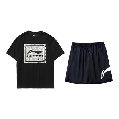 Li Ning Letter Logo Printed Fashion Trendy Comfortable Round Neck Pullover Short Sleeve T-Shirt Casual Sports Suit Unisex Tops AHSUA15-2+YKSV197-2