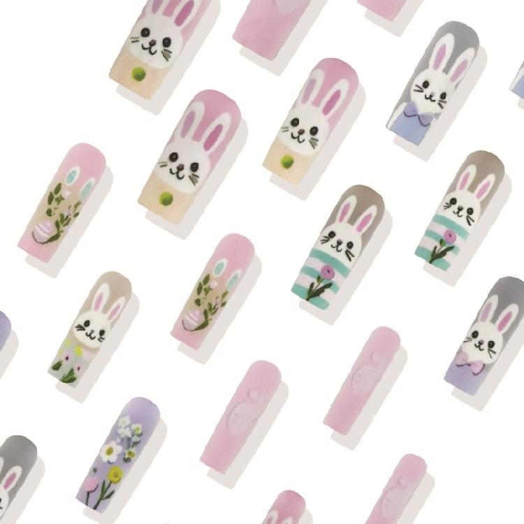 Square Press on Nail Medium Easter False Nail Full Cover Stick on Nail Cute Rabbit Acrylic Nail for Fashion Women 24Pcs
