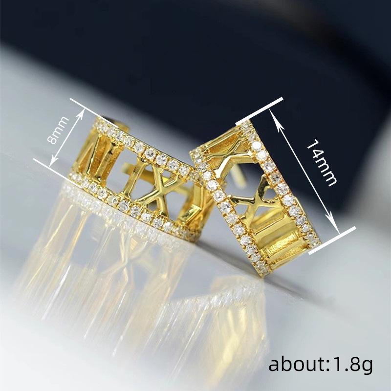 Micro-Inlaid Zircon Earrings, Roman Numerals Design, Fashion Temperament French Matching Jewelry