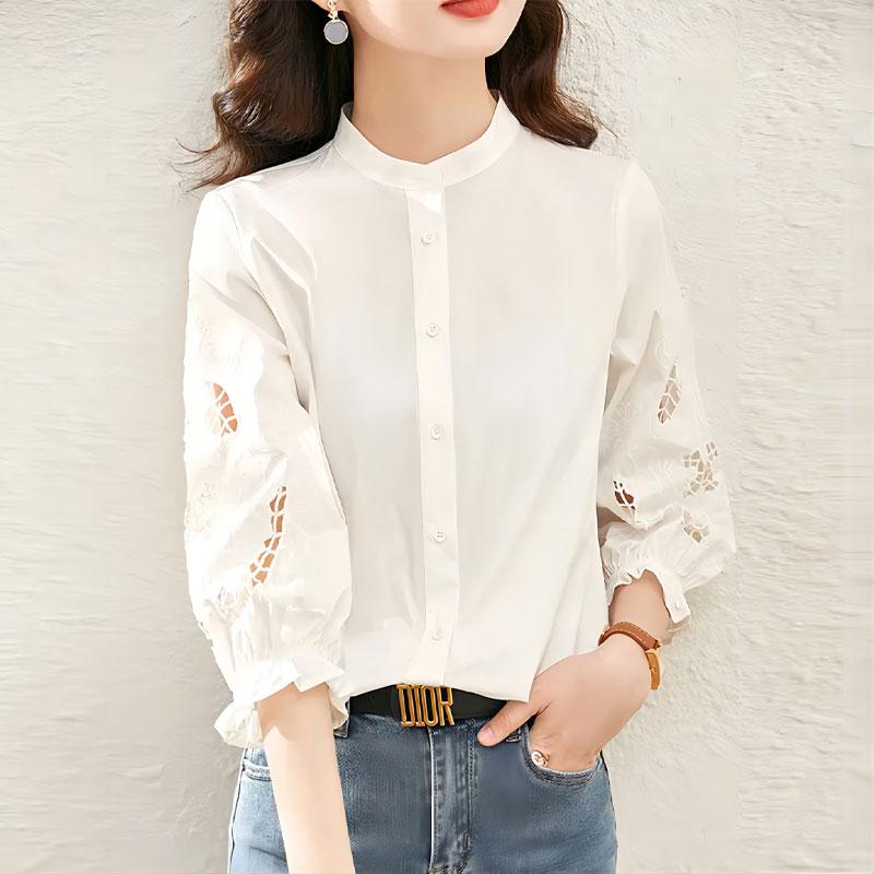 Elegant Hollow Out Stylish Embroidery Shirt Commute Single-breasted Female Clothing Stand Collar Spring Summer 3/4 Sleeve Blouse