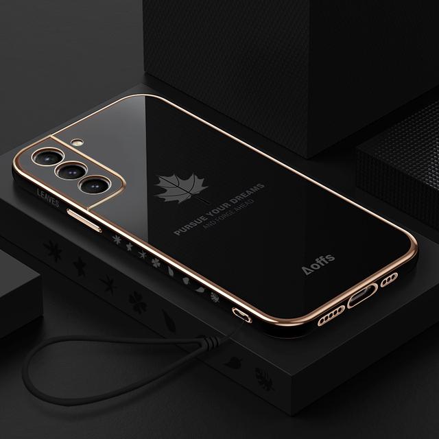 Luxusní obal z javorového listu Lanyard Plating pro Samsung Galaxy S23 Ultra S22 Plus S21 S20 Plus Ultra S21 FE S22 Plus měkký silikonový ochranný kryt objektivu