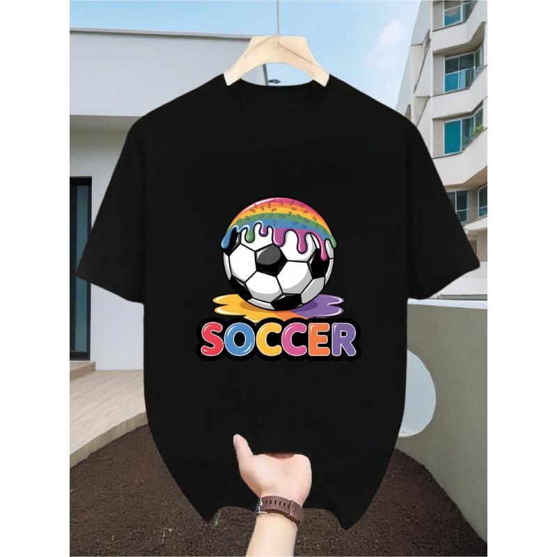 European Size Creative SOCCER Men'S Short-Sleeve T-Shirt, Featuring an Eye-Catching Rainbow Splatter Football Print That Scores Full Points
