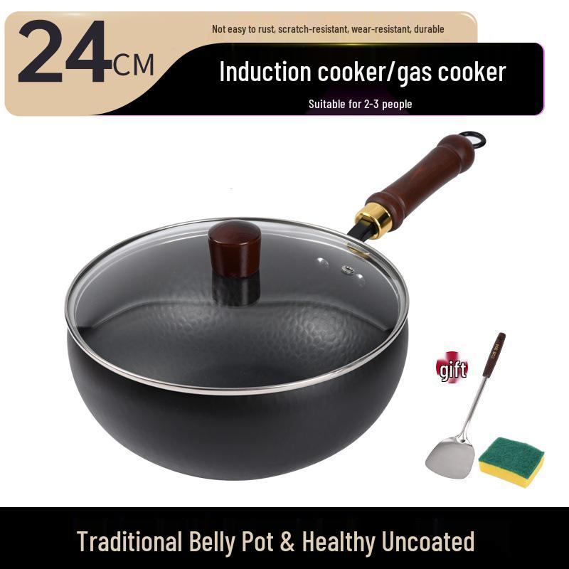 Zhangqiu Handgefertigter Antihaft-Eisen-Wok: 24CM Wok mit großem Bauch zum Pfannenrühren, für Gerichte, zum Schmoren & für Suppe.