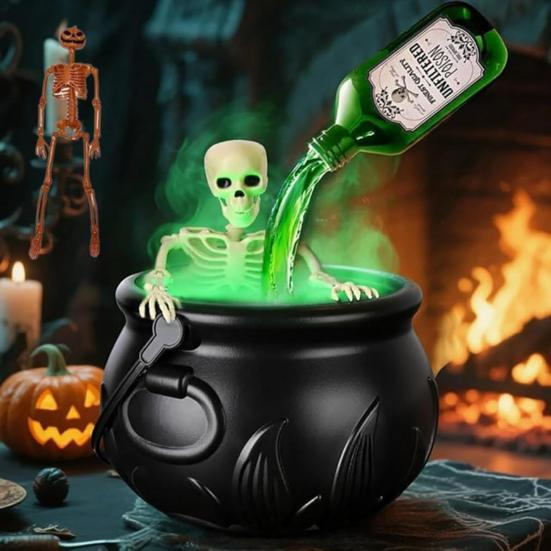 Skeleton Potion Witch Cauldron DIY Magic Floating Potion Bottle with LED Mist Maker And Diffuser Spooky Black Bowl Halloween Decoration