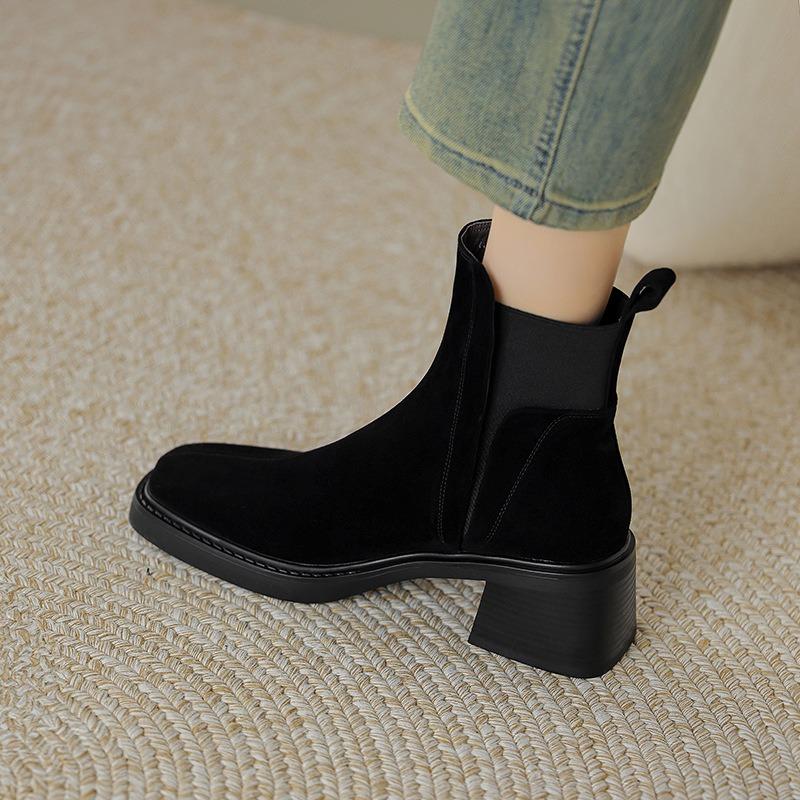 Nowe szare elastyczne botki damskie proste kwadratowy nosek gruby obcas wysoki obcas botki Martin matowy zamsz botki