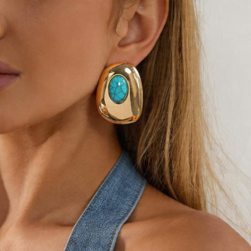 Women's Vintage Turquoise Ear Studs 14K Gold Plated Stainless Steel Non-Fading Oval Earrings for Daily Outings
