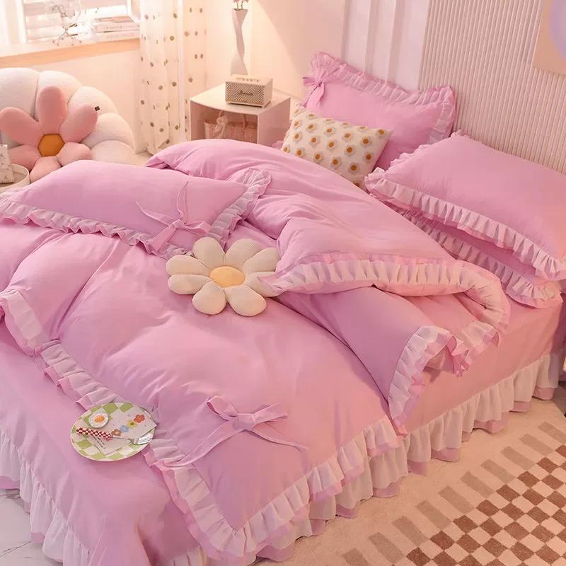 Girls Bedding Sets Kawaii Seersucker Bed Sheet Pillowcase Fashion Princess Duvet Cover Solid Color 4 Pieces Cute Home Decoration