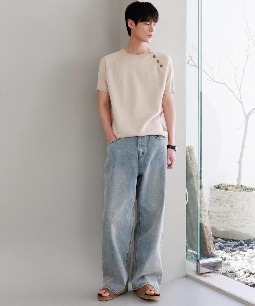 NODU Shoulder Button Raglan Crop Half Knit [Oatmeal]