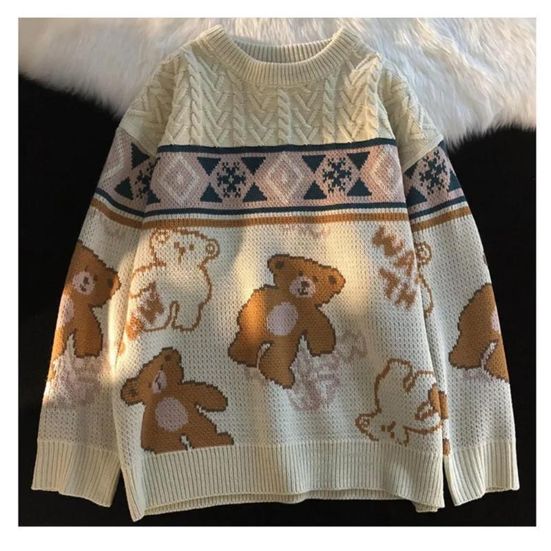 Zimní Nový Vintage Svetr Y2K Vánoční Teplý Pulovr Kulatý Výstřih Pulovr Dámský Street Casual Harajuku Volný Novoroční Svetr
