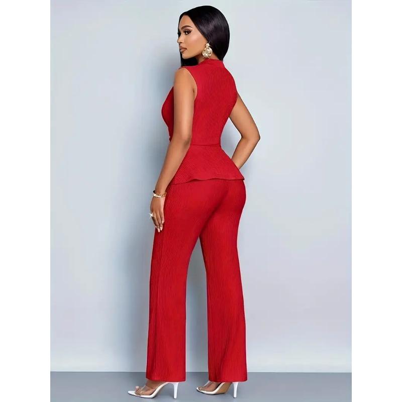 Spring and Summer Women's Two-piece Set of Elegant and Thin V-neck Sleeveless T-shirt and Wide-leg Pants Two-piece Set