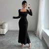 Elegant Sexy Long Sleeved Fishtail Dress Tight Fit Spring Pleated Square Collar Solid Color Party Maxi Long Dresses Evening Spring Bodycon Dress