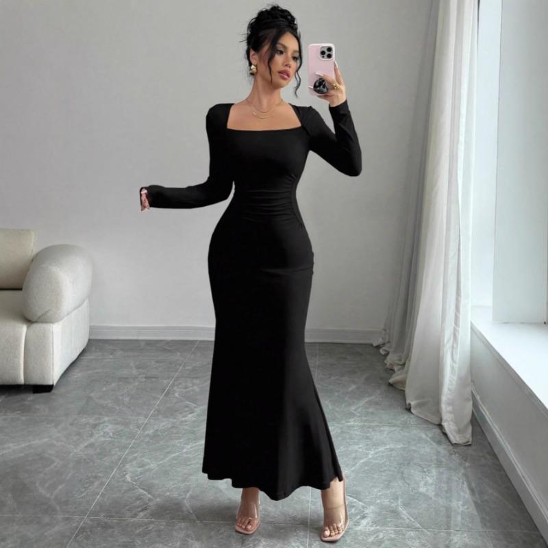 Elegant Sexy Long Sleeved Fishtail Dress Tight Fit Spring Pleated Square Collar Solid Color Party Maxi Long Dresses Evening Spring Bodycon Dress