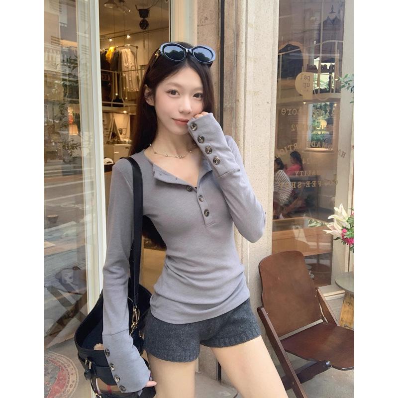 Women's Korean Style Henry Collar Button Long Sleeve Slim Fit T-shirt - Autumn/Winter Waist Cinched Sweet Spicy Girl Top