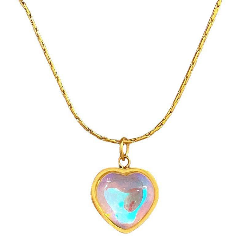 Titanium Steel, Colorful Peach Heart Minimalist Stove Real Gold Necklace Women'S Collarbone Chain Accessories