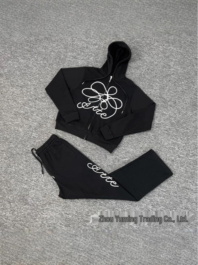 Unisex Floral Embroidery Trendy Cardigan Hoodie & Casual Pants Set