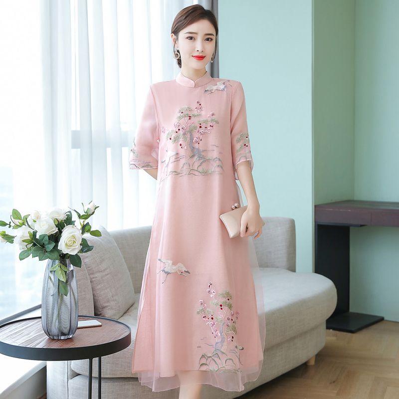 Women Cheongsam Improved Dress Retro Elegant Embroidery Long Dresses Floral Party Dress Chinese Female High Quality Clothing