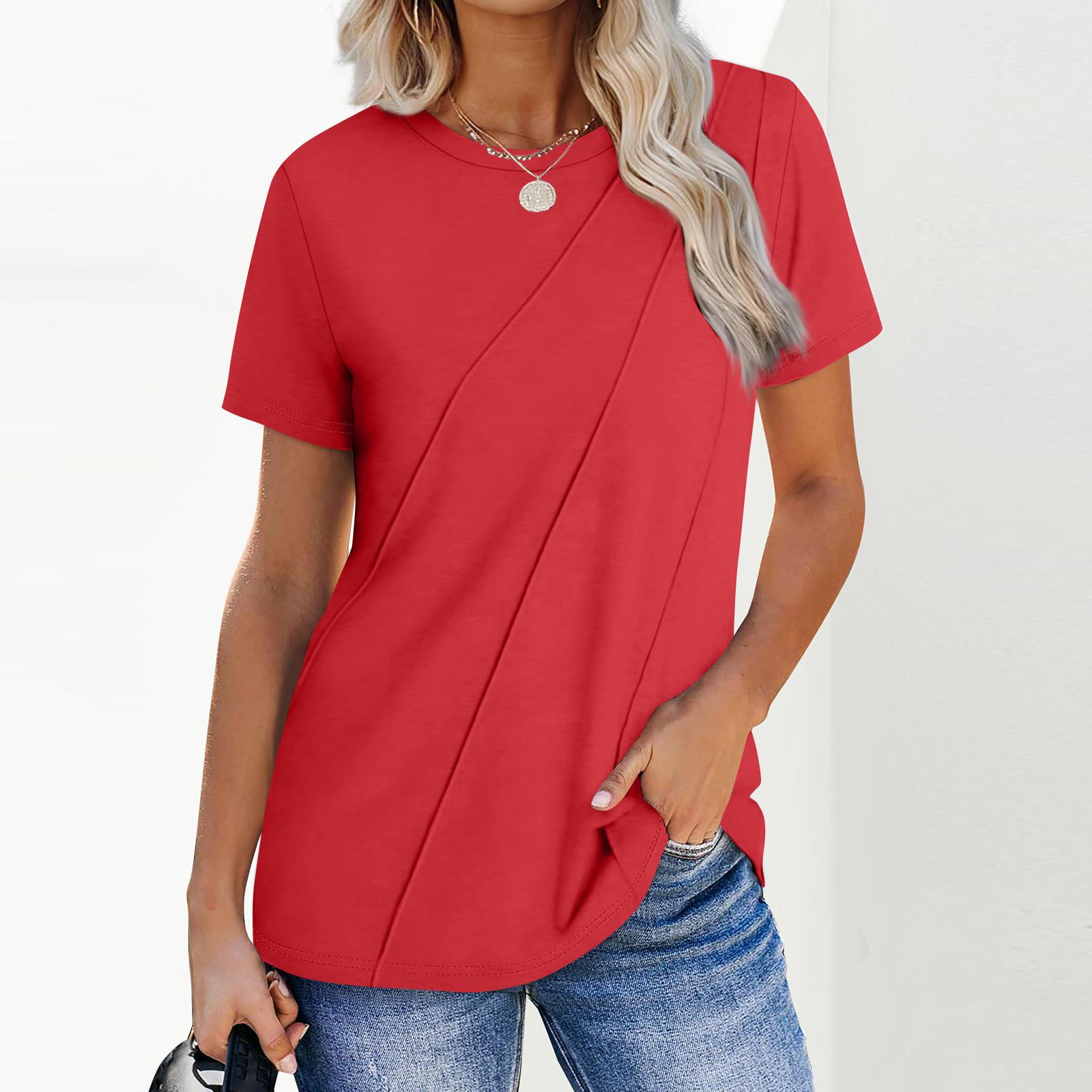 

Women s Fashion Casual Short Sleeve Color Tops Pleated Fashion Clothing T-shirt XL Кіновар