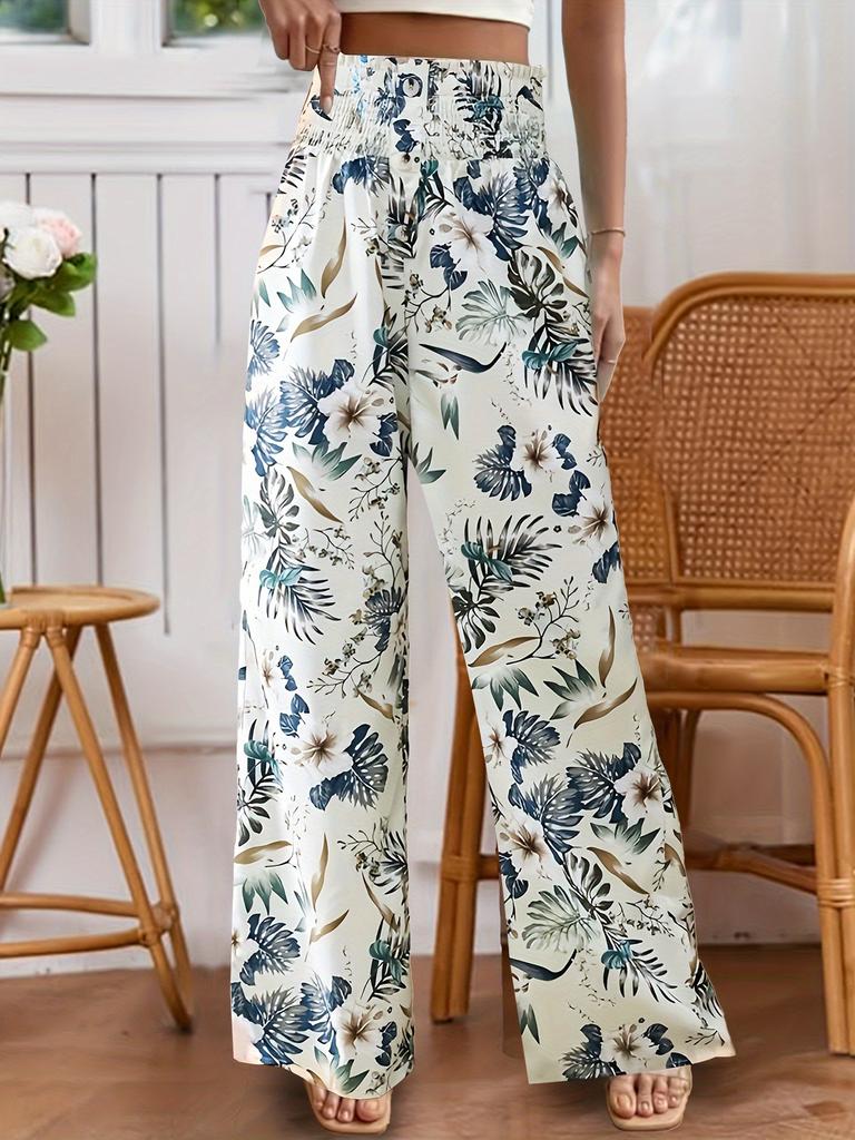 Women's High-Waisted Floral Print Wide-Leg Pants, Casual Loose-Fit Trousers for Summer