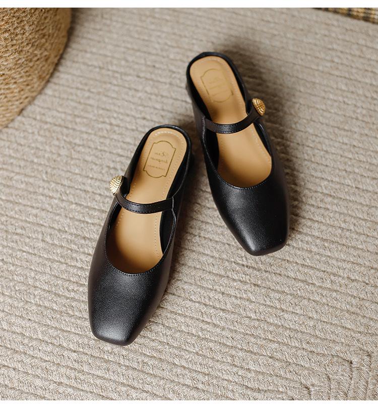 Genuine Leather Women's Chunky Heel Pointed Toe Slippers - Versatile French Style for Spring/Summer