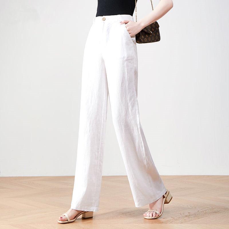 

Льняные брюки широкие для женщин на лето тонкие повседневные и художественные свободные с высокой посадкой прямые брюки с драпировкой XL белый