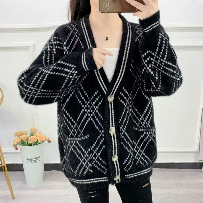 New imitation mink women's plaid loose lazy wind fairy sister student sweater women's jacket knitted cardigan