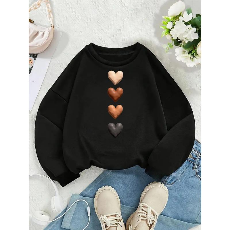 Girls' Fashionable Crewneck Sweatshirt Featuring a Heart Shape And Diverse Skin Tones, Perfect for Autumn And Winter