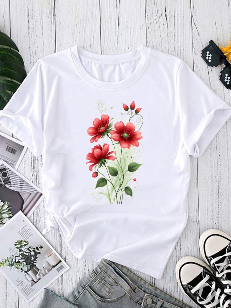 (Asian Size) Women's Top T Clothing feather trend cute Print Short Sleeve T-shirts Fashion Female Casual O-neck Graphic Tee