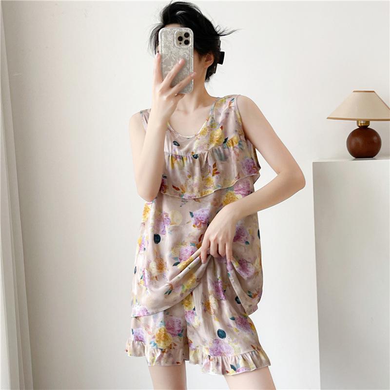 Women's Summer Ultra-Thin Cotton Satin Pajamas Set With Shorts And Sleeveless Vest, Cool Comfort Home Wear For Hot Weather