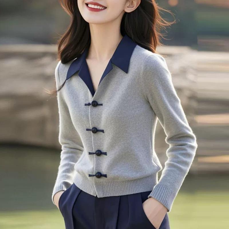 Gray Olo Neck Knitted Sweater Top Autumn and Winter New Women's Small Short Fake Two-piece Cardigan