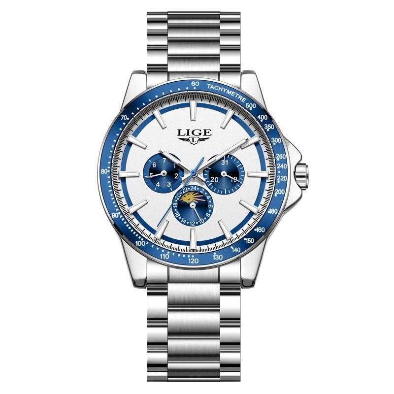 LIGE Unique Dial Quartz Man Watch Stainless Steel Business Luxury Clocks 24-Hour Moon Phase Waterproof Date Week Watches