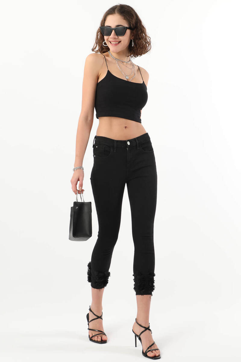 

Women's Low Waist Cut Detailed Jean Trousers Black