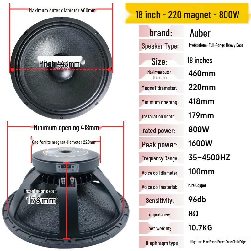 18-Inch 220 Magnet 800W Professional Stage Speaker with 1200W Full-Range Sound System