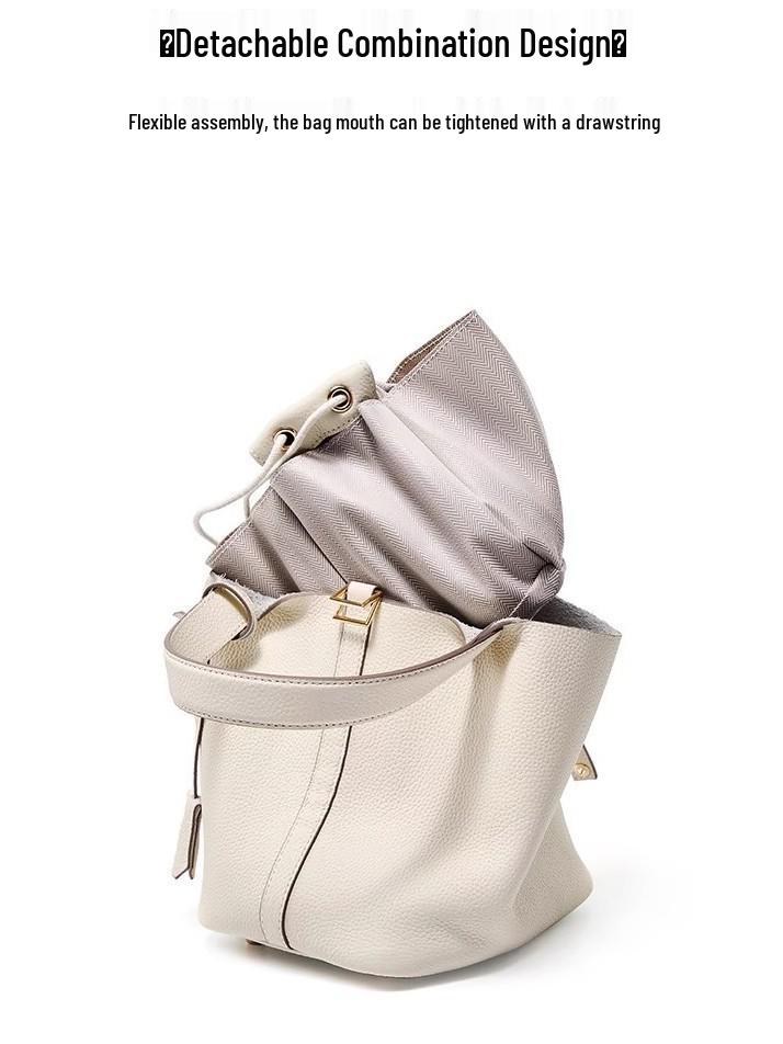 Women's Genuine Leather Bucket Bag - Top Layer Cowhide, Versatile Vegetable Basket Handbag