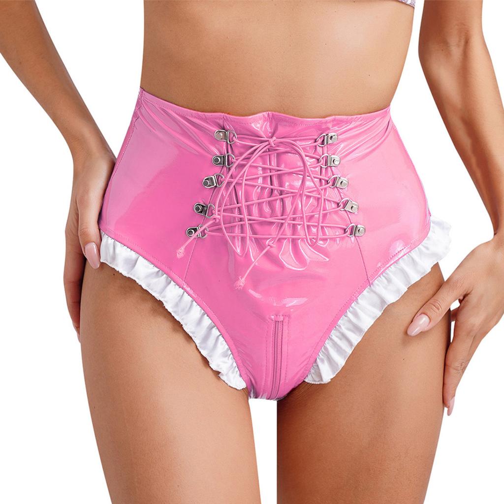 Γυναικείο γυαλιστερό λουστρίνι Frilly Maid Knickers με κορδόνια με φερμουάρ με καβάλο εσώρουχα για παιχνίδι ρόλων για νυχτερινό κέντρο διασκέδασης